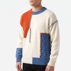 Men's patchwork cable knit jumper with contrasting panels and stitched details