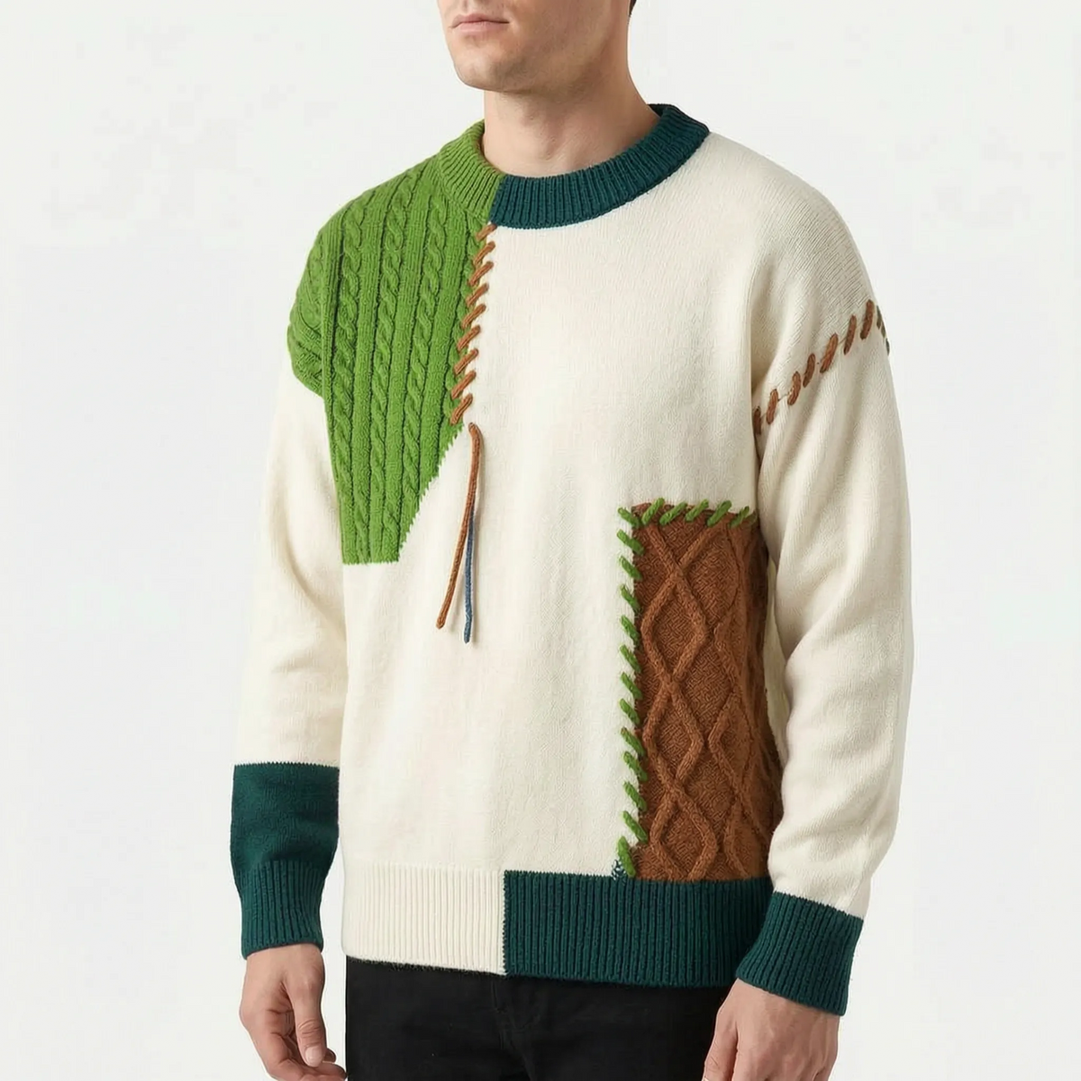 Men's patchwork cable knit jumper with contrasting panels and stitched details