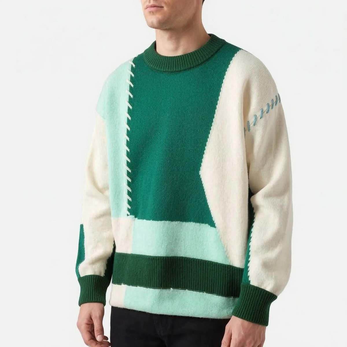 Men's patchwork cable knit jumper with contrasting panels and stitched details