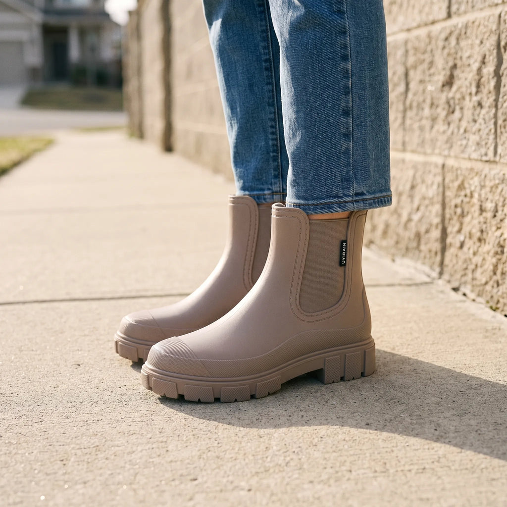 Women's Chelsea rain boots with elastic side panels and chunky lug soles