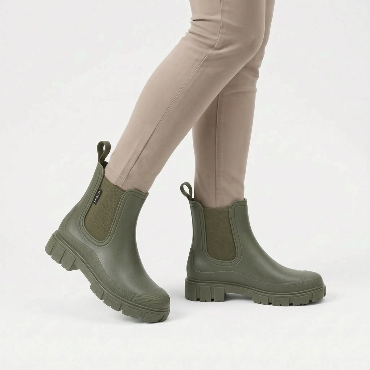 Women's Chelsea rain boots with elastic side panels and chunky lug soles