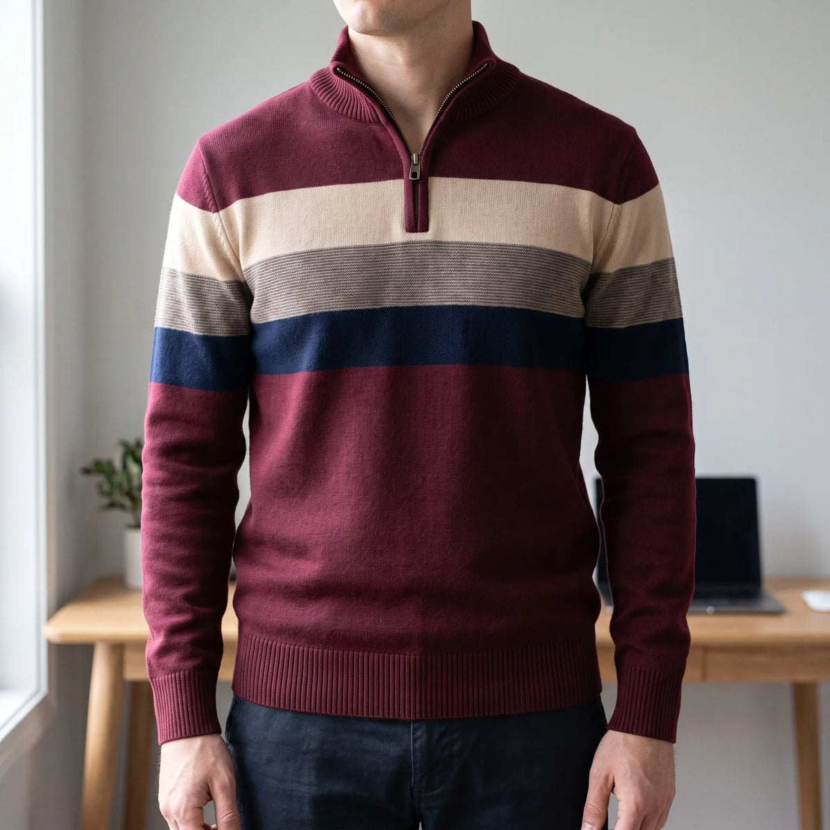 Men's striped quarter-zip knitted jumper with stand collar and ribbed trims