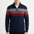 Men's striped quarter-zip knitted jumper with stand collar and ribbed trims