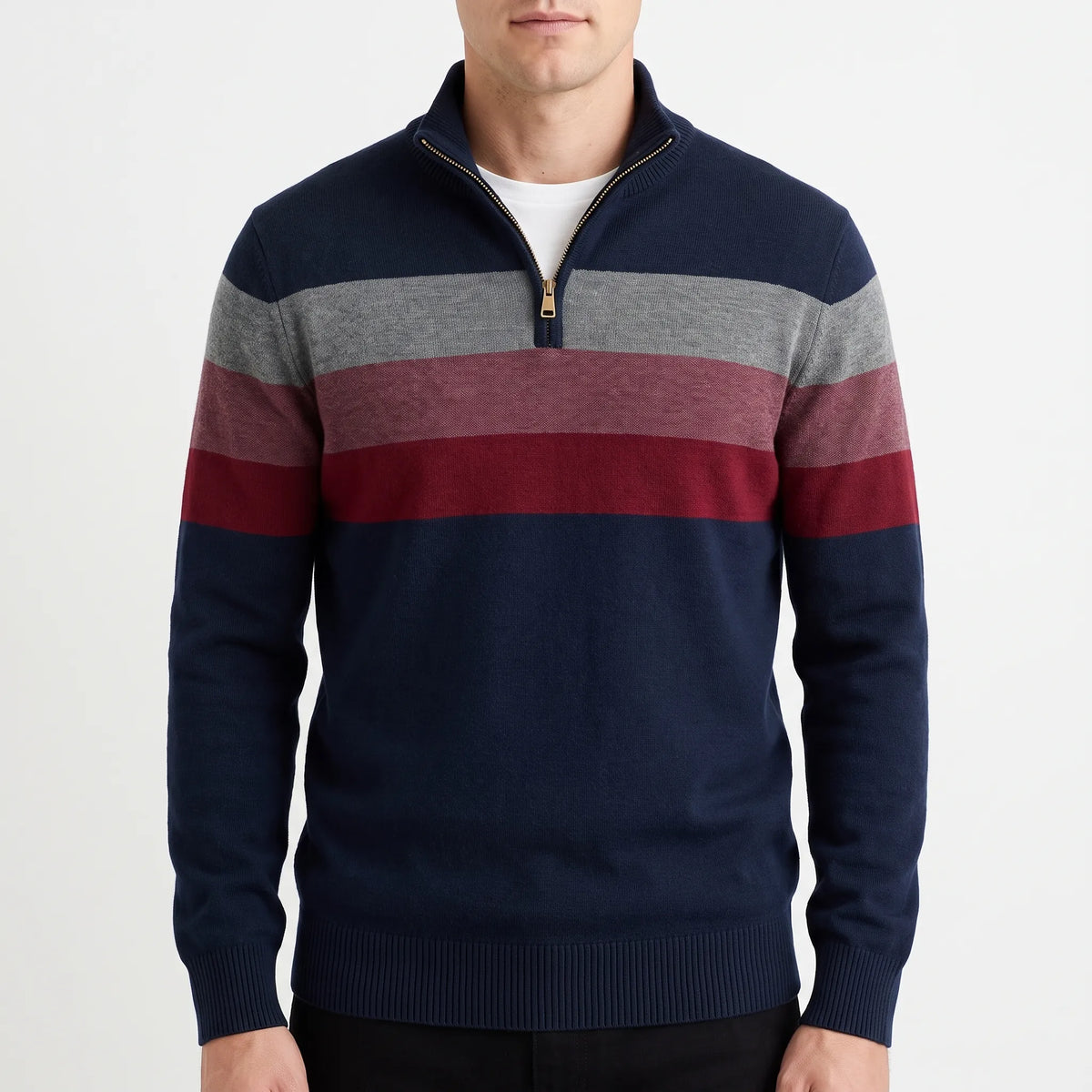 Men's striped quarter-zip knitted jumper with stand collar and ribbed trims
