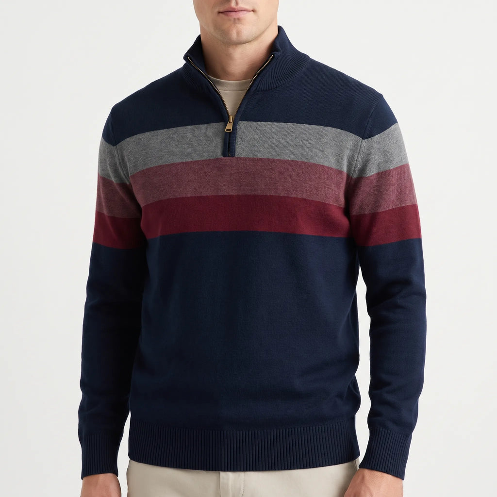 Men's striped quarter-zip knitted jumper with stand collar and ribbed trims