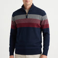 Men's striped quarter-zip knitted jumper with stand collar and ribbed trims