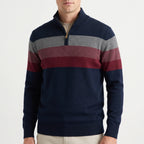 Men's striped quarter-zip knitted jumper with stand collar and ribbed trims