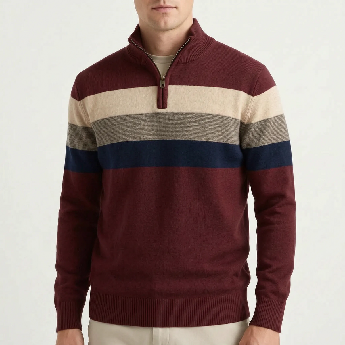 Men's striped quarter-zip knitted jumper with stand collar and ribbed trims