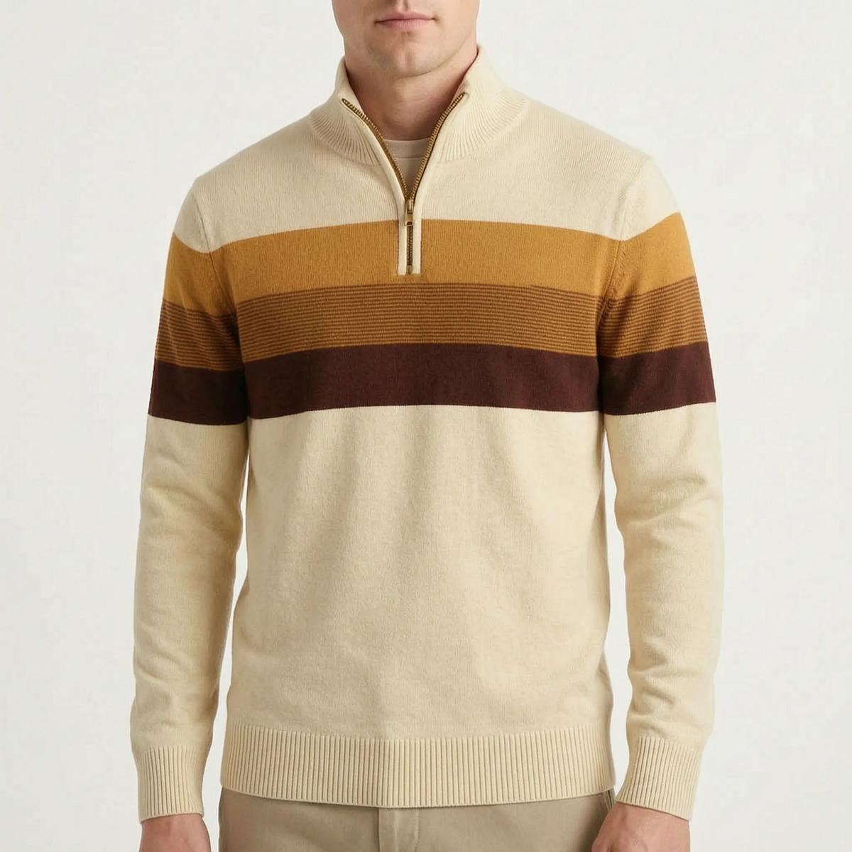 Men's striped quarter-zip knitted jumper with stand collar and ribbed trims