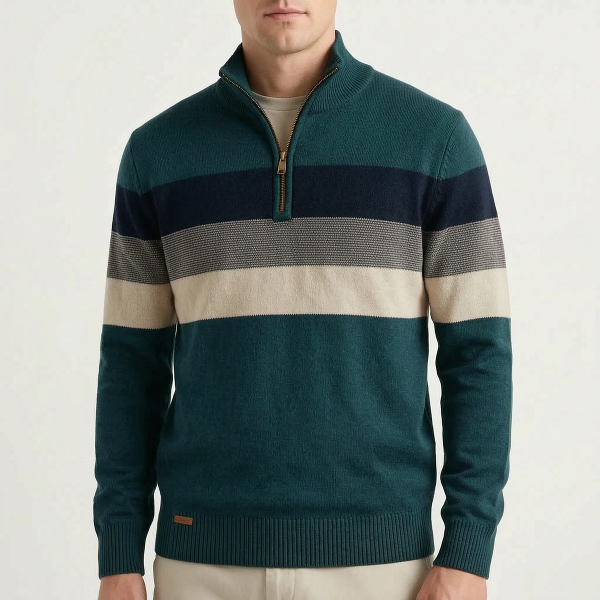 Men's striped quarter-zip knitted jumper with stand collar and ribbed trims
