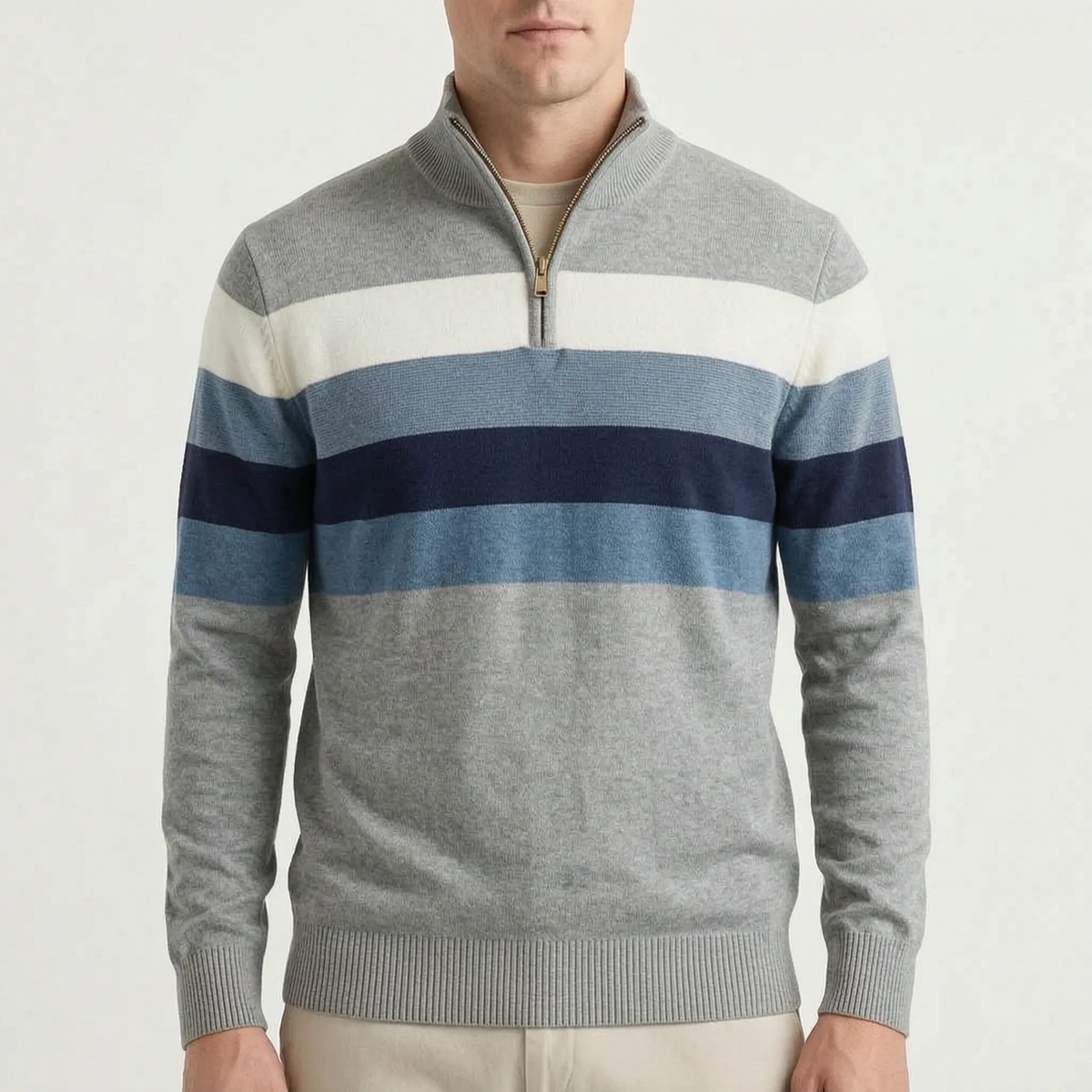 Men's striped quarter-zip knitted jumper with stand collar and ribbed trims
