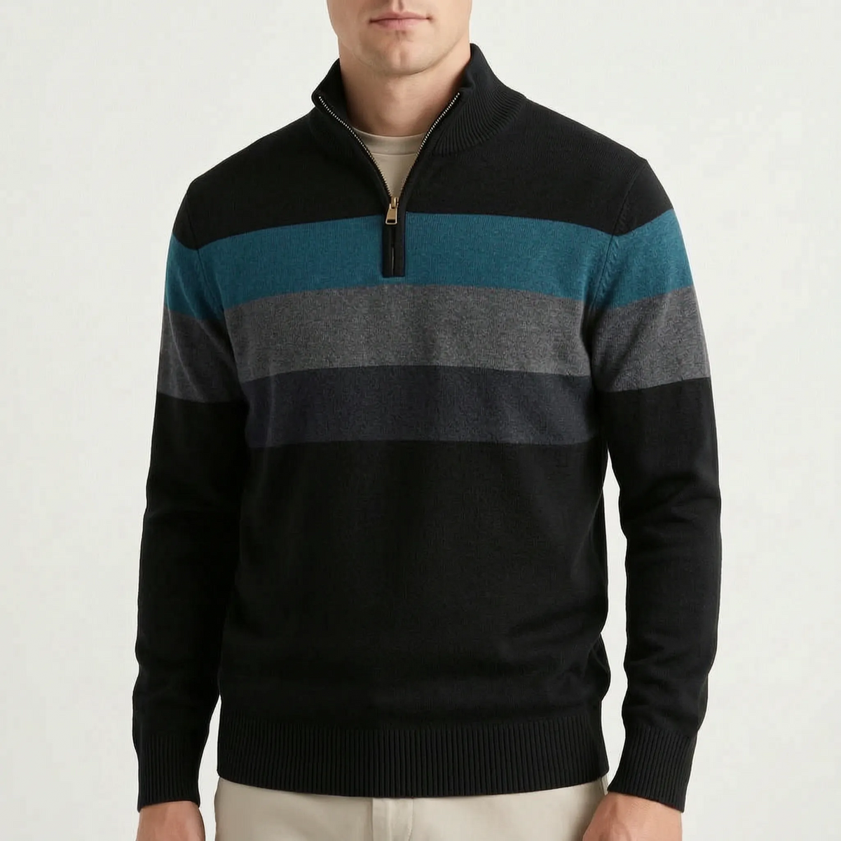 Men's striped quarter-zip knitted jumper with stand collar and ribbed trims