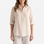Women's long-sleeve striped collared shirt with curved hem