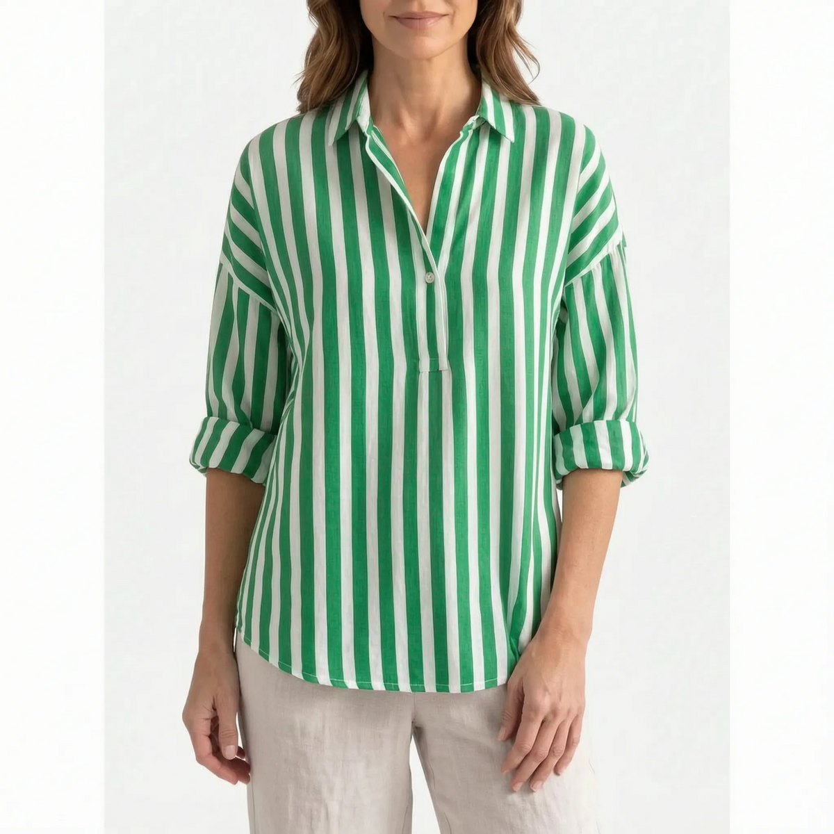 Women's long-sleeve striped collared shirt with curved hem