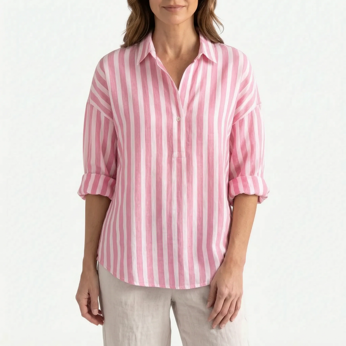 Women's long-sleeve striped collared shirt with curved hem