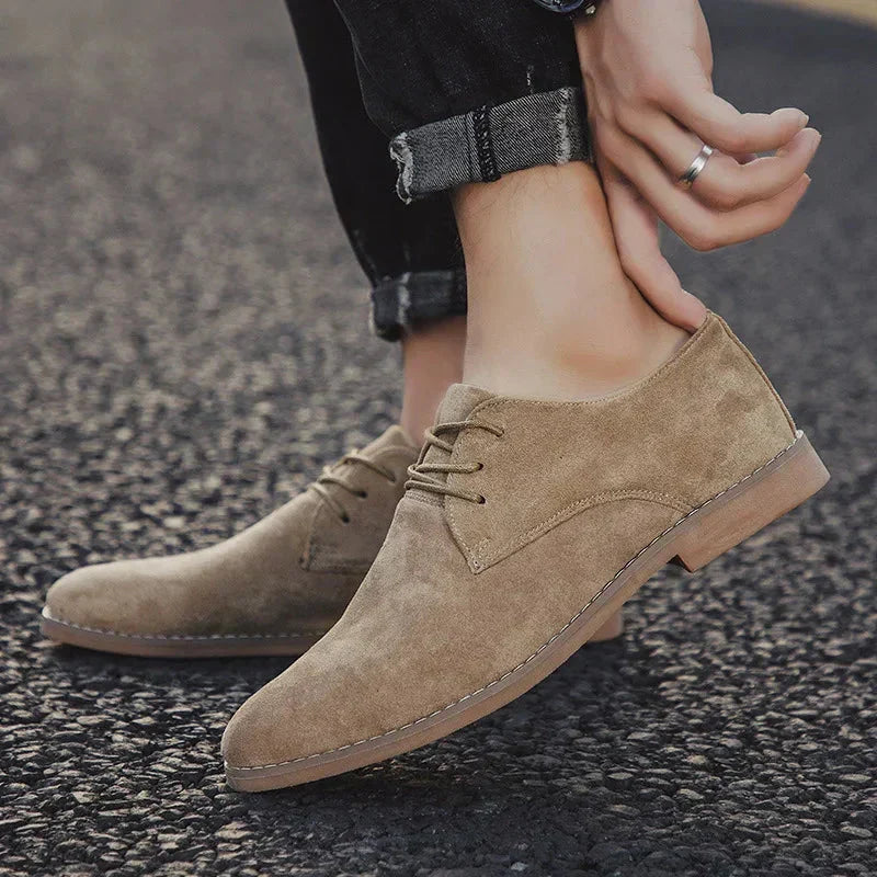 Men's lace-up derby shoes with almond toes and low heels