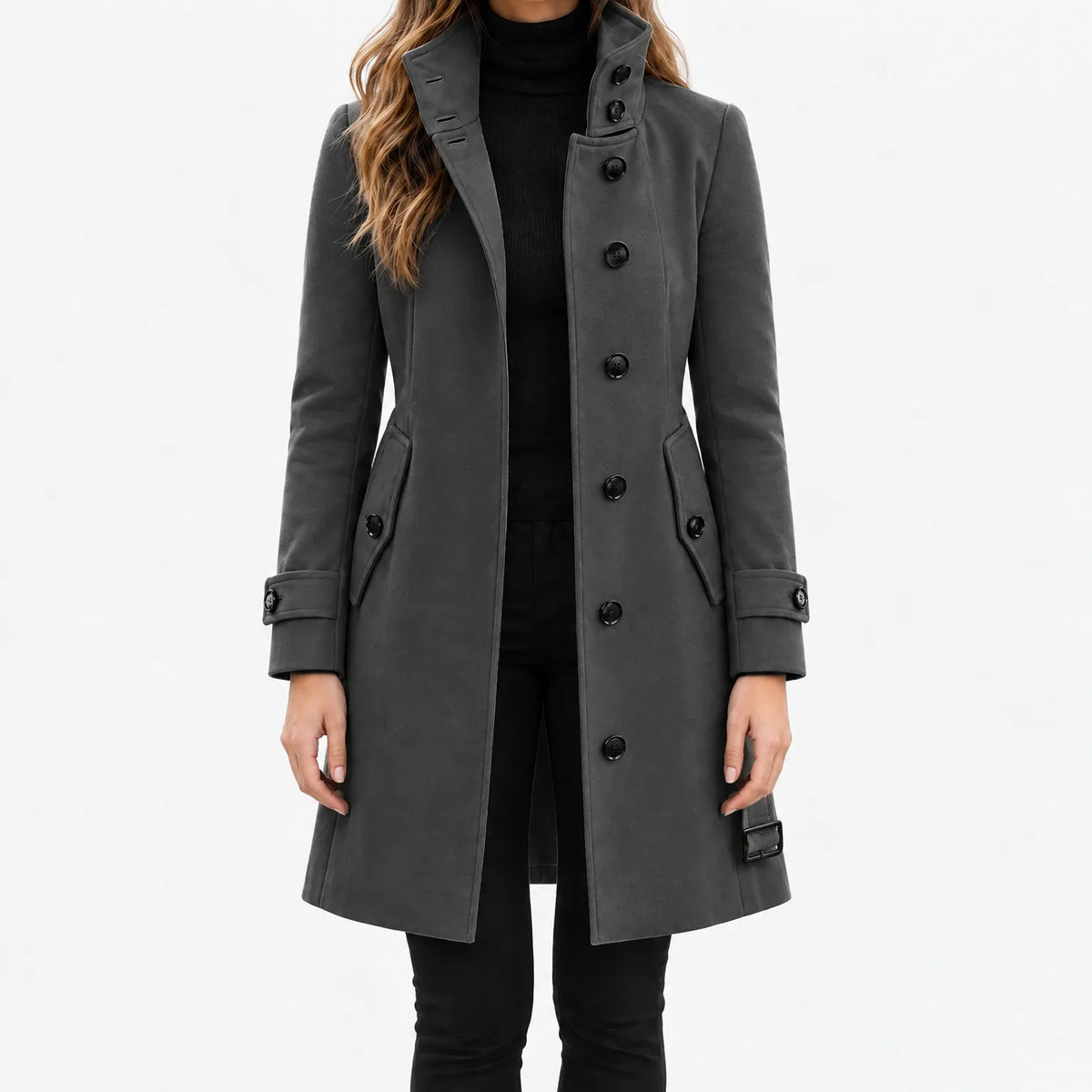 Women's structured trench coat with high collar, button front and angled flap pockets