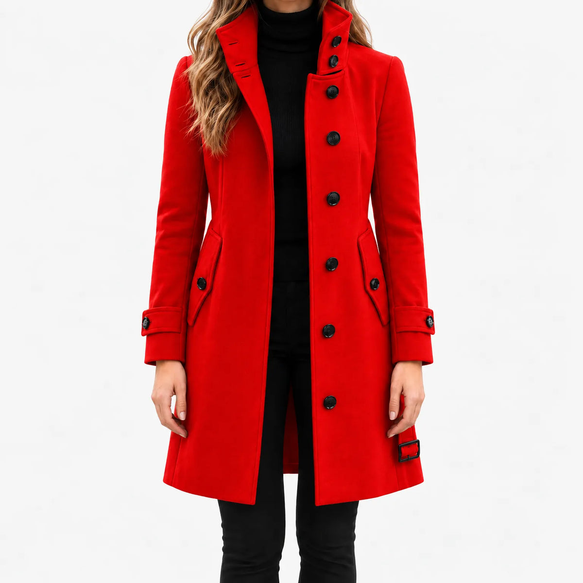 Women's structured trench coat with high collar, button front and angled flap pockets