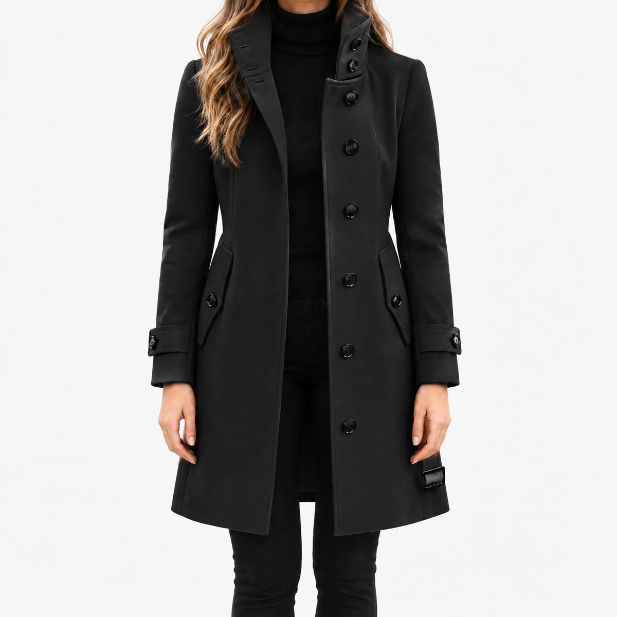 Women's structured trench coat with high collar, button front and angled flap pockets
