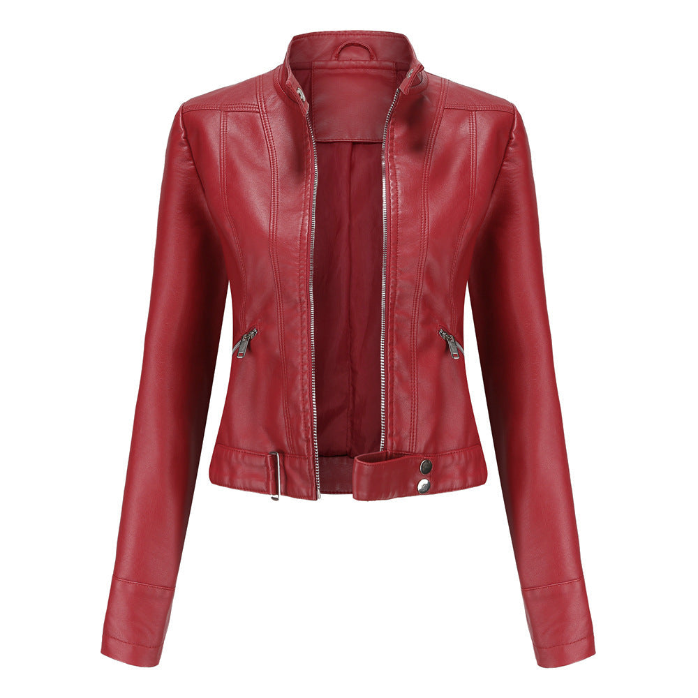 Women's cropped leather-style jacket with stand collar, long sleeves and zipped pockets