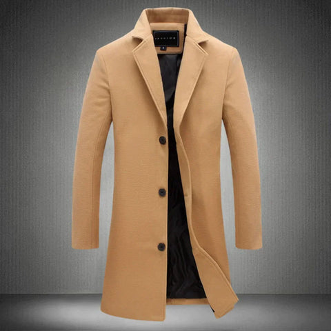 Men's long formal overcoat with notched lapels and button fastening