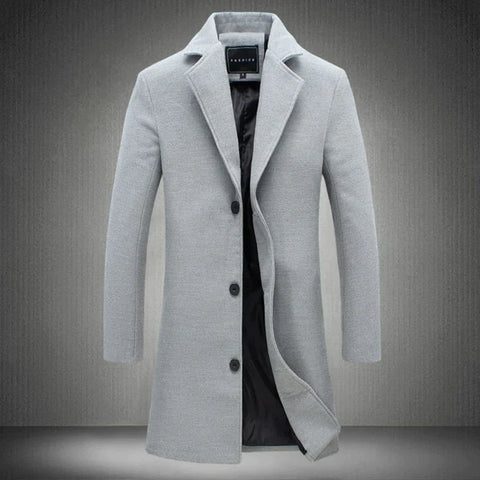 Men's long formal overcoat with notched lapels and button fastening