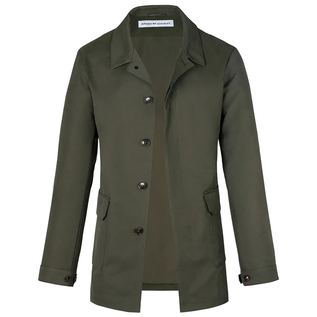 Green men's short trench coat with long sleeves, button front and flap pockets