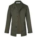 Green men's short trench coat with long sleeves, button front and flap pockets