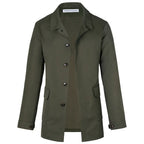 Green men's short trench coat with long sleeves, button front and flap pockets