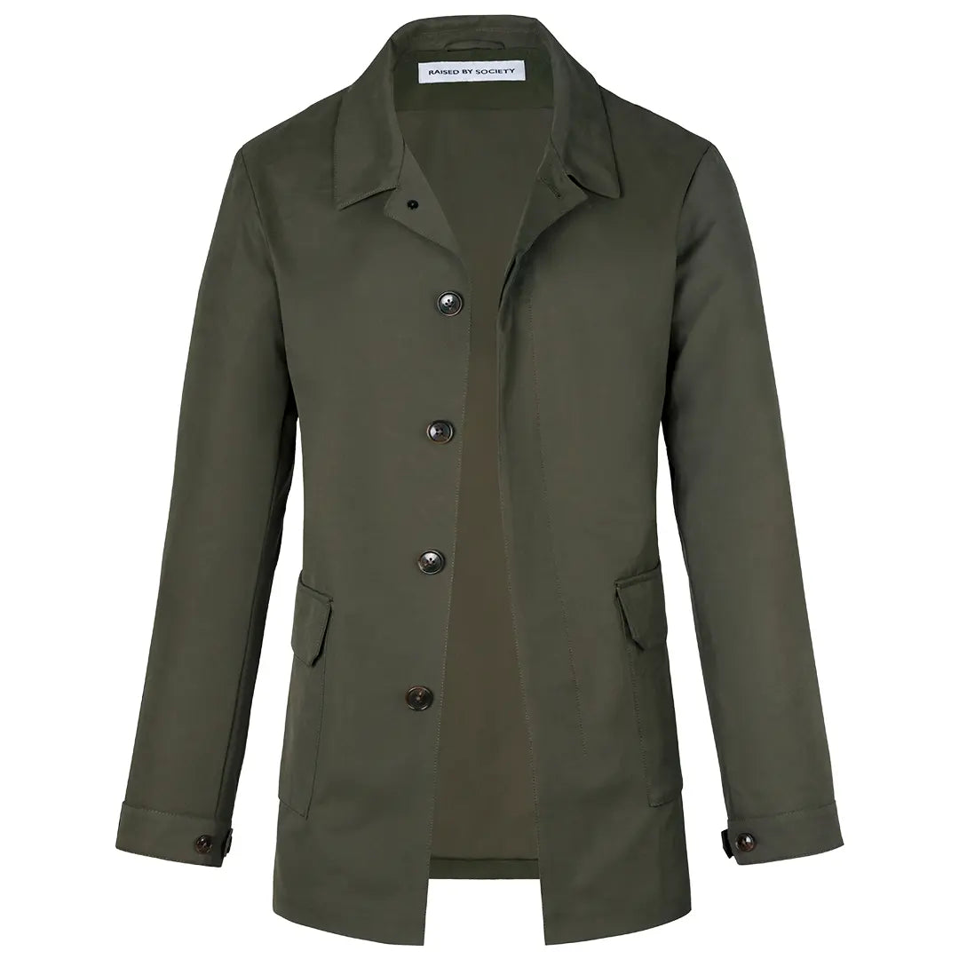 Green men's short trench coat with long sleeves, button front and flap pockets