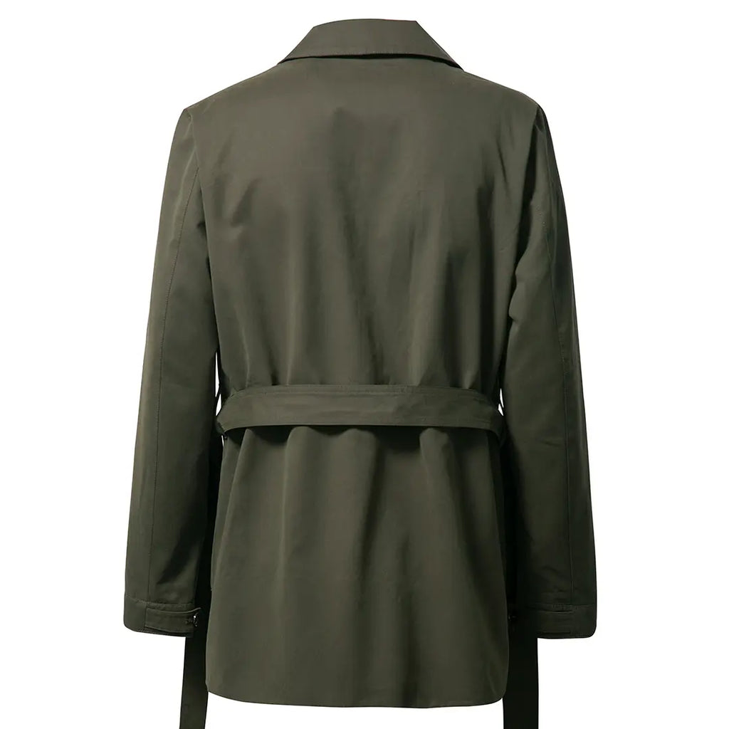 Green men's short trench coat with long sleeves, button front and flap pockets