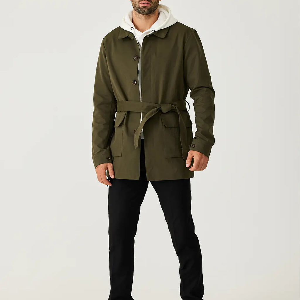 Green men's short trench coat with long sleeves, button front and flap pockets