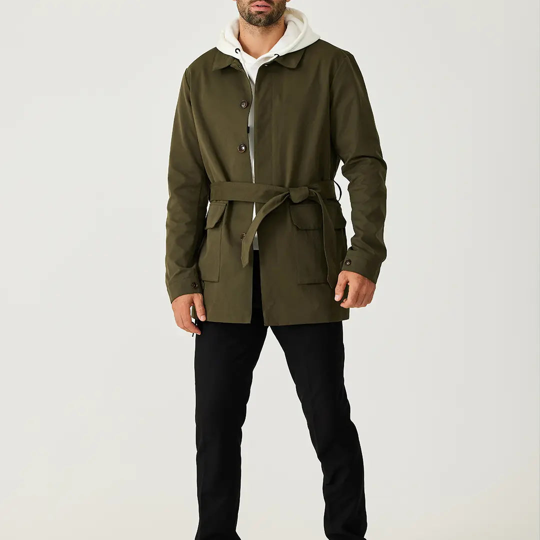 Green men's short trench coat with long sleeves, button front and flap pockets