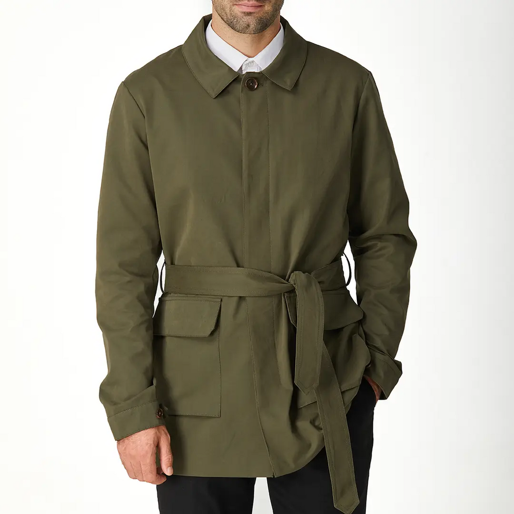 Green men's short trench coat with long sleeves, button front and flap pockets