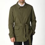Green men's short trench coat with long sleeves, button front and flap pockets