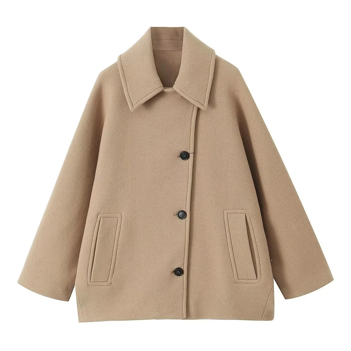 Women's oversized short coat with wide collar, long sleeves, buttons and front pockets