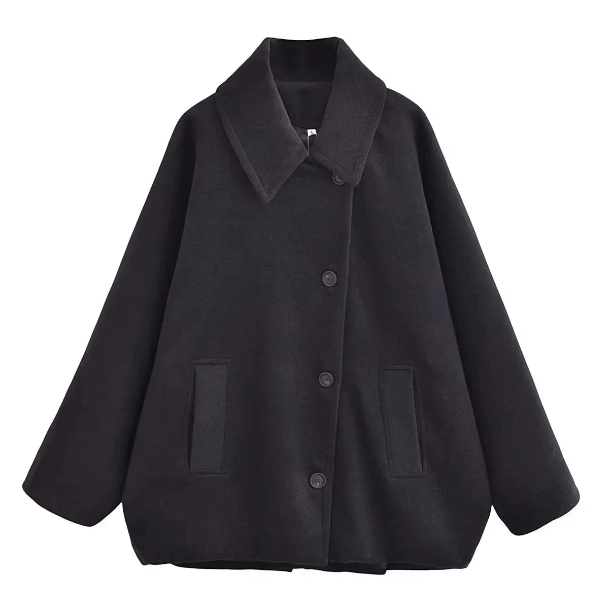 Women's oversized short coat with wide collar, long sleeves, buttons and front pockets