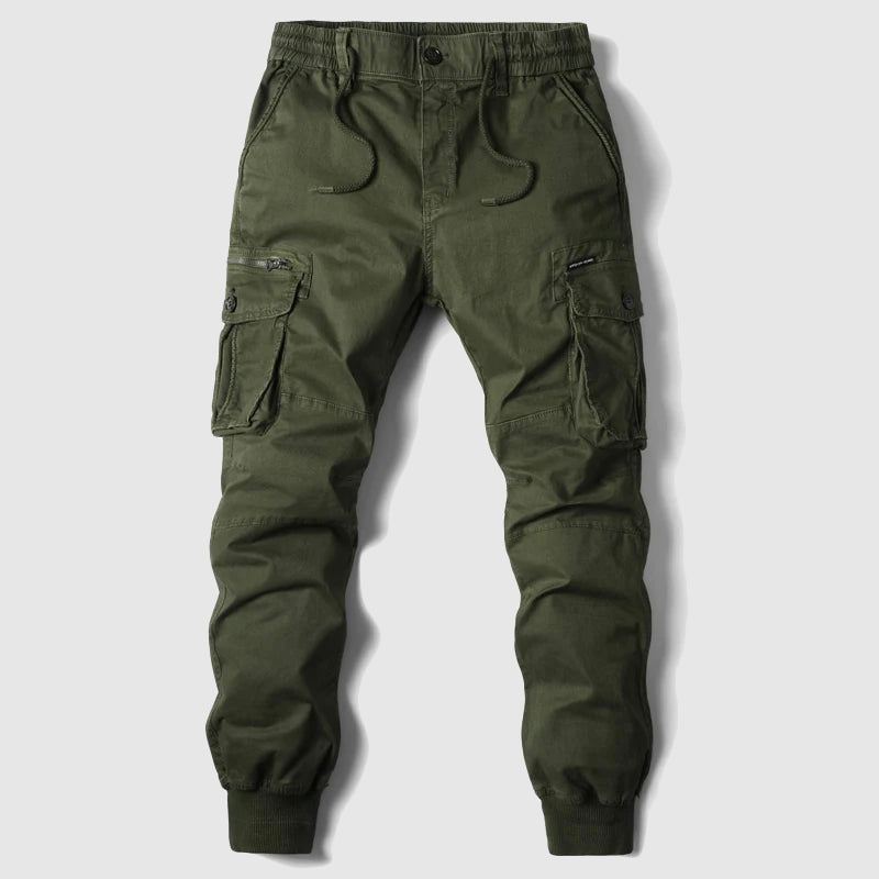 Men's tapered cargo jogger trousers with drawstring waist, flap pockets and ribbed ankle cuffs