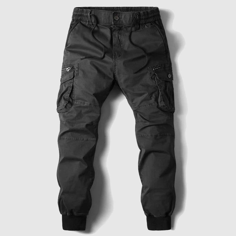Men's tapered cargo jogger trousers with drawstring waist, flap pockets and ribbed ankle cuffs