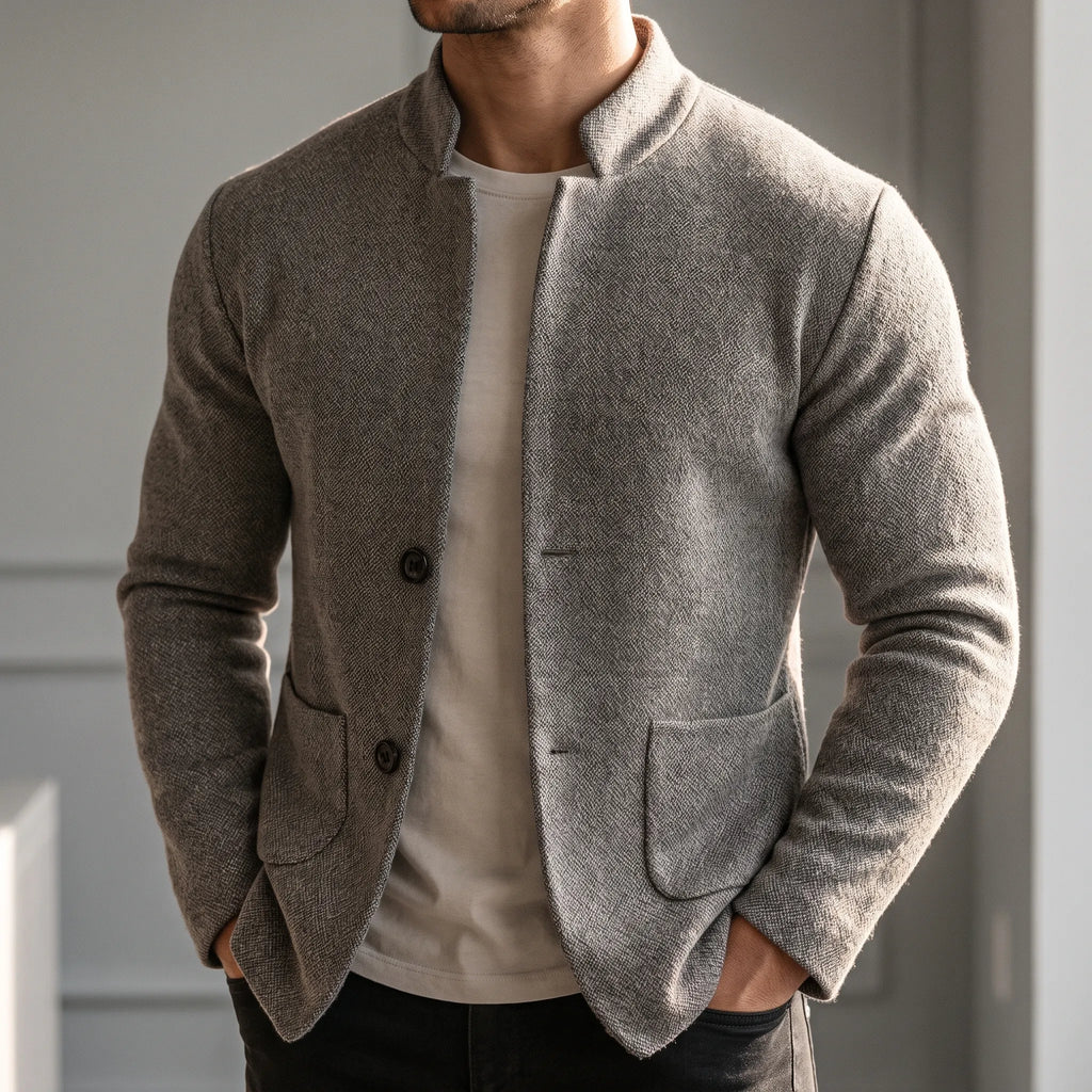 Men's textured knit jacket with mandarin collar, long sleeves, buttons and patch pockets