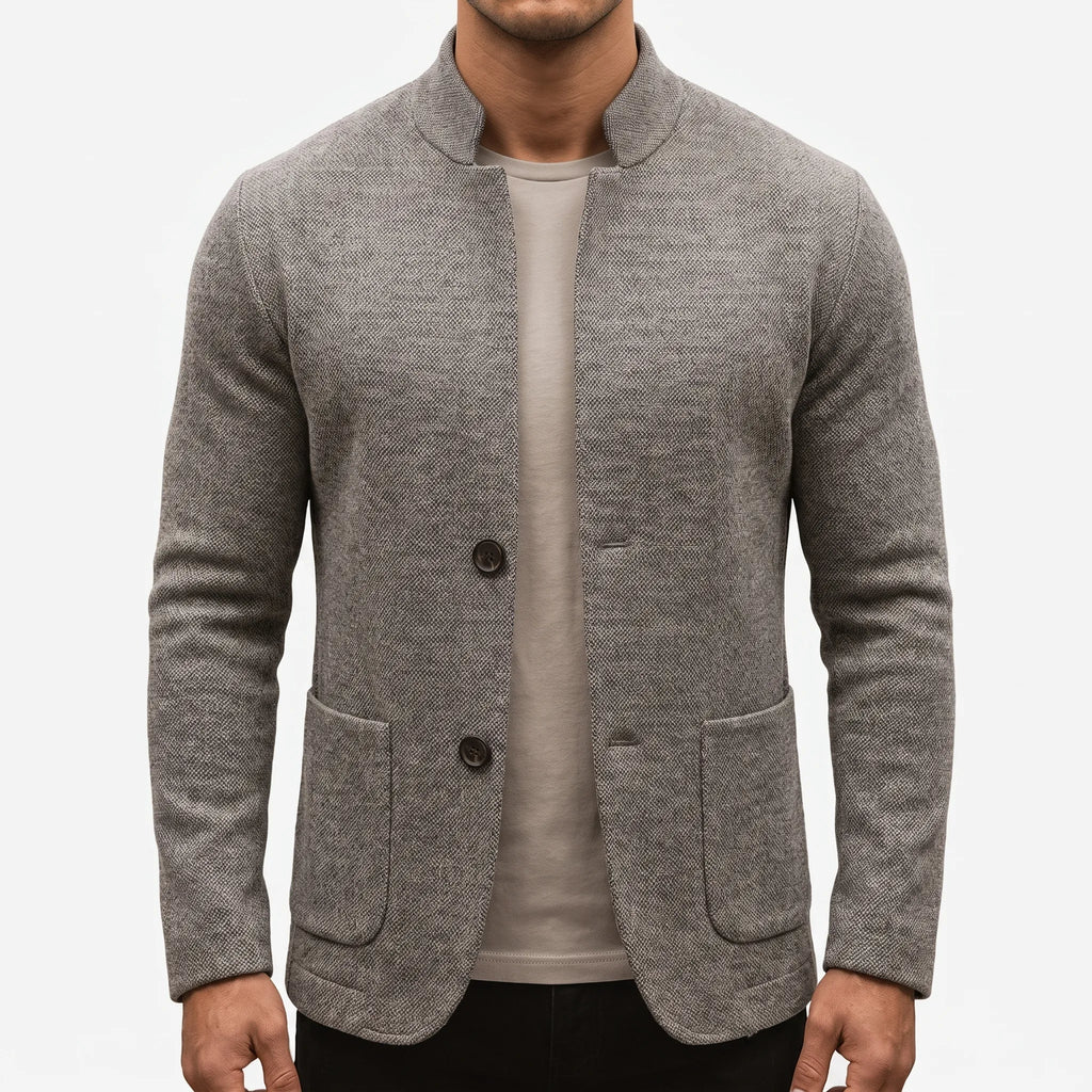 Men's textured knit jacket with mandarin collar, long sleeves, buttons and patch pockets