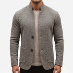 Men's textured knit jacket with mandarin collar, long sleeves, buttons and patch pockets