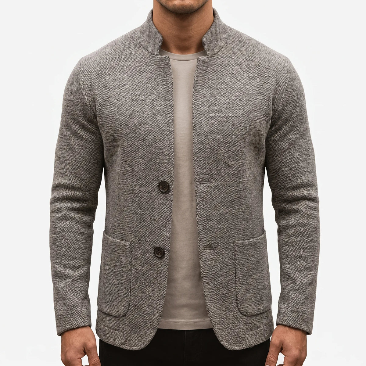 Men's textured knit jacket with mandarin collar, long sleeves, buttons and patch pockets
