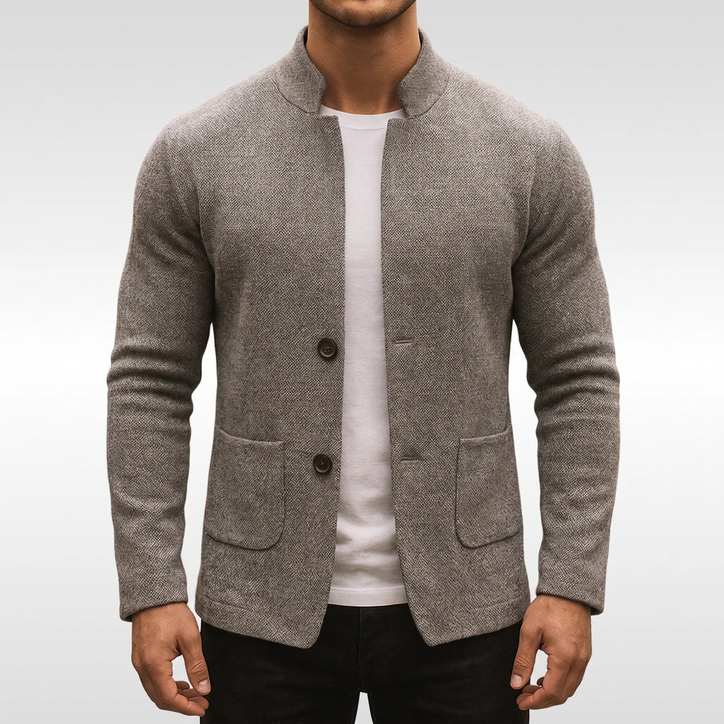 Men's textured knit jacket with mandarin collar, long sleeves, buttons and patch pockets