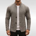 Men's textured knit jacket with mandarin collar, long sleeves, buttons and patch pockets