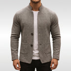 Men's textured knit jacket with mandarin collar, long sleeves, buttons and patch pockets