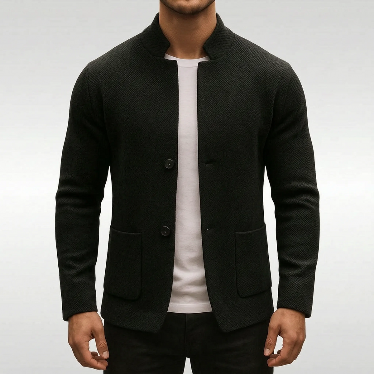 Men's textured knit jacket with mandarin collar, long sleeves, buttons and patch pockets