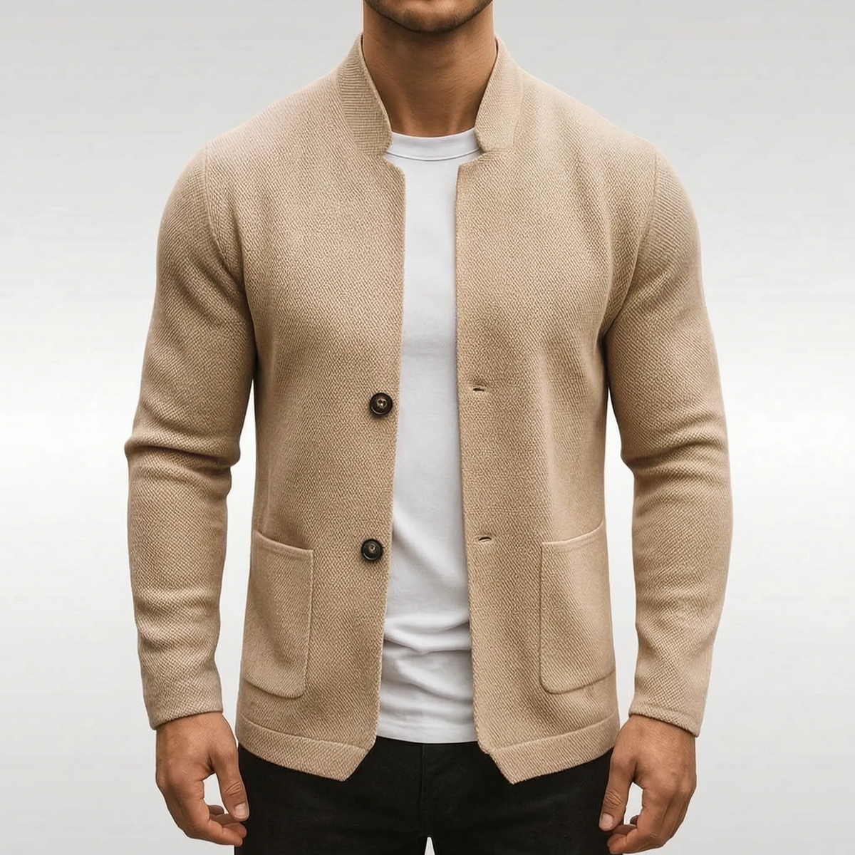 Men's textured knit jacket with mandarin collar, long sleeves, buttons and patch pockets