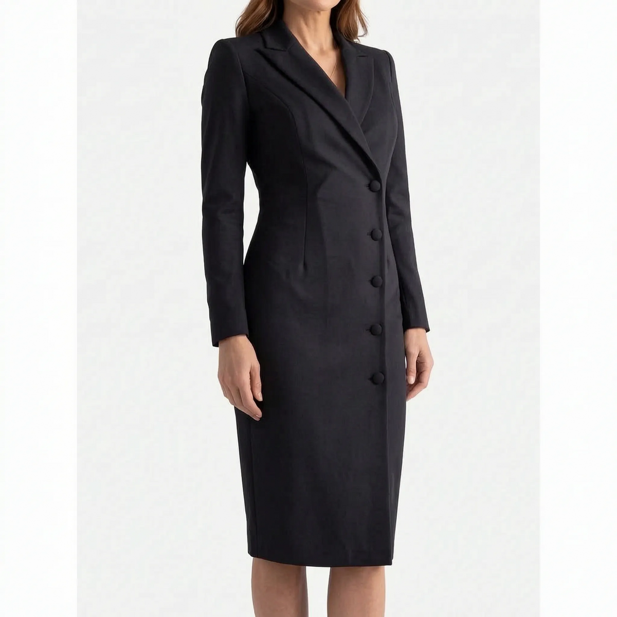 Women's tailored blazer dress with notched lapel collar, long sleeves and front buttons