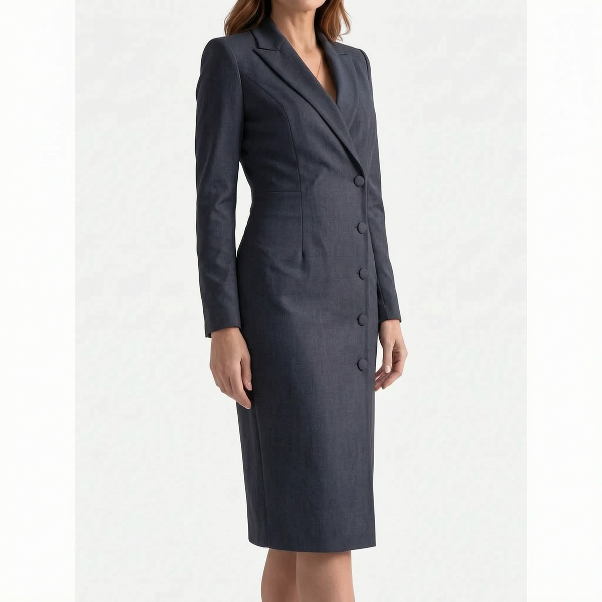 Women's tailored blazer dress with notched lapel collar, long sleeves and front buttons